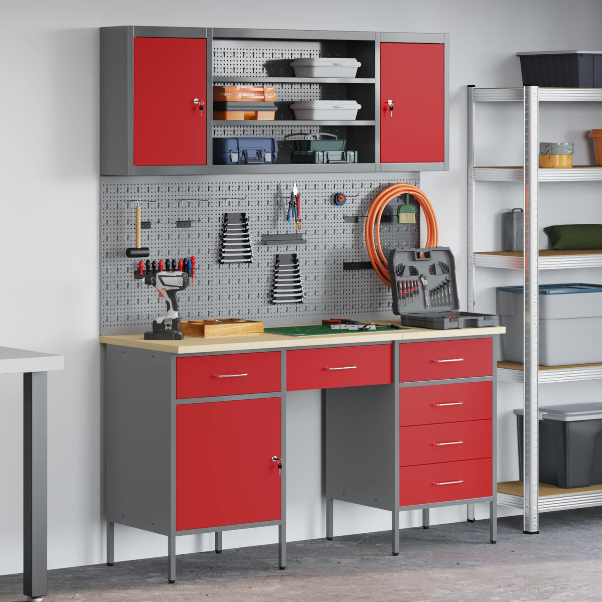 Work Cabinet with Drawer 7 pcs Red Engineered wood and steel