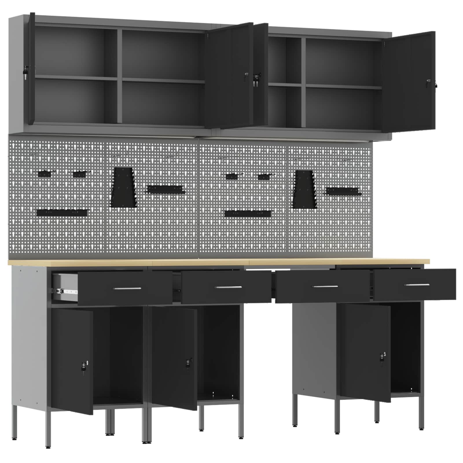 Work Cabinet with Drawer 10 pcs Black Engineered wood and steel