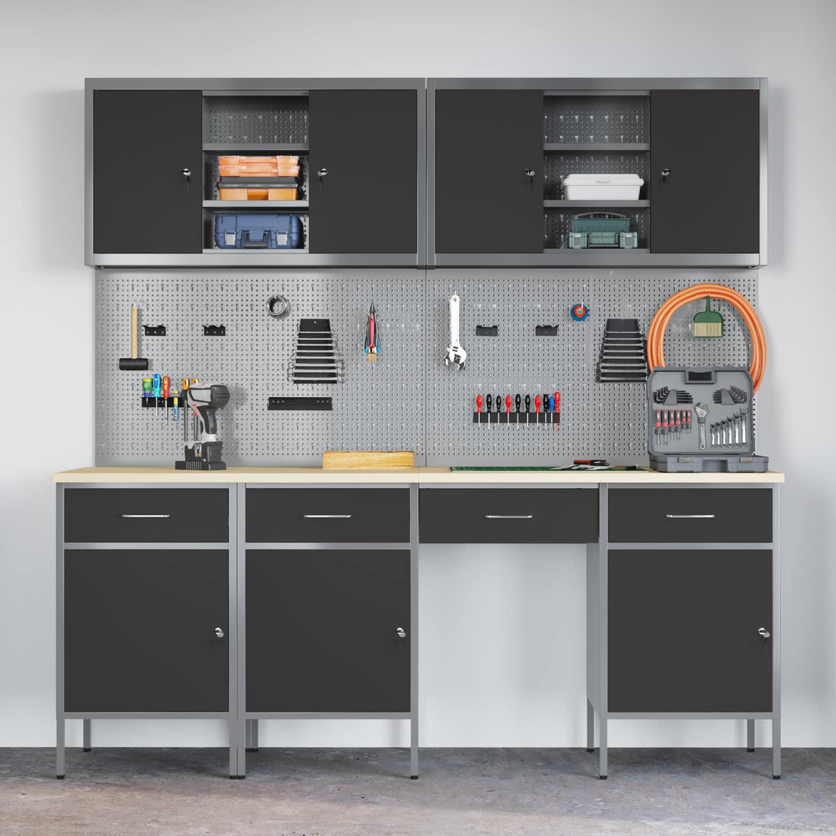 Work Cabinet with Drawer 10 pcs Black Engineered wood and steel