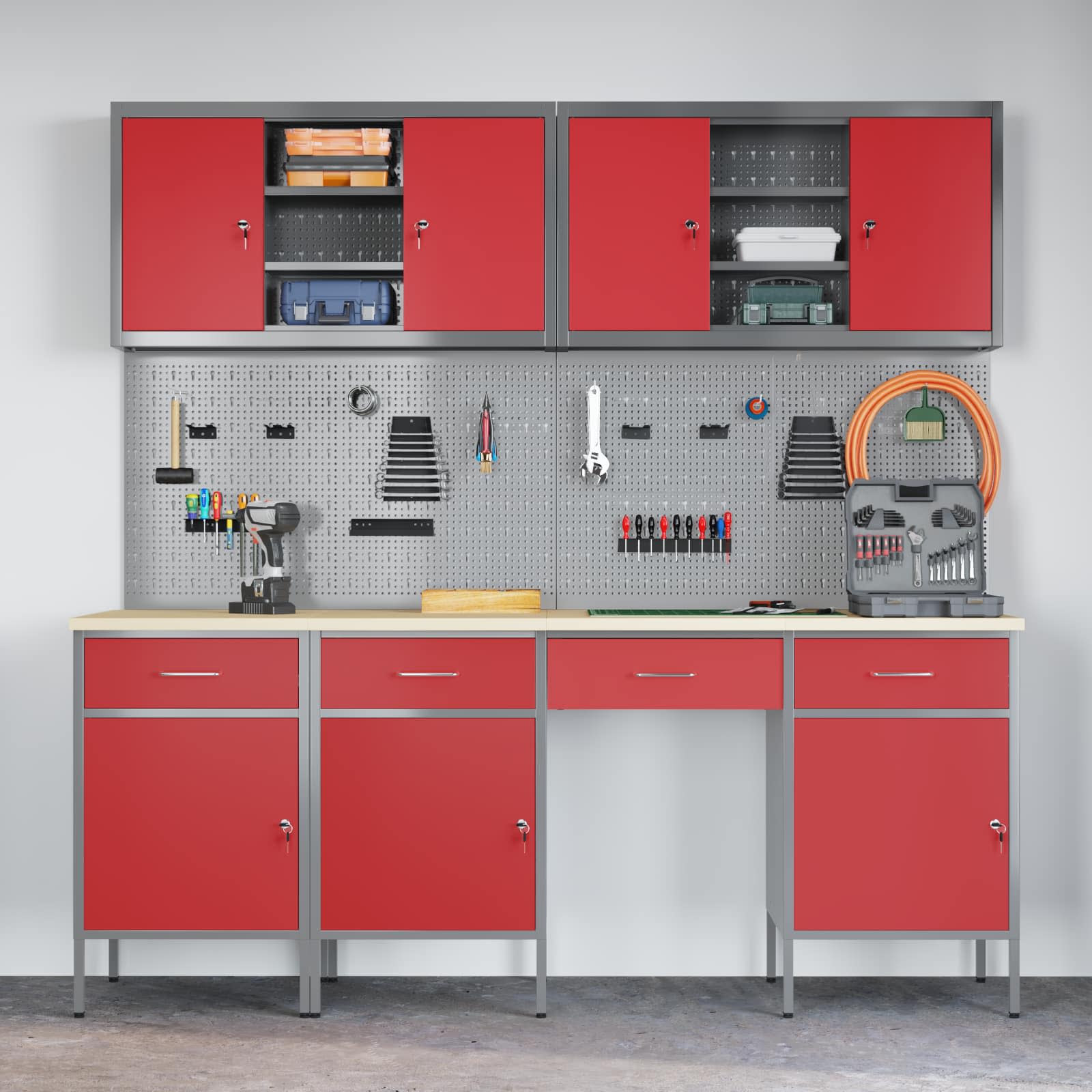 Work Cabinet with Drawer 10 pcs Red Engineered wood and steel