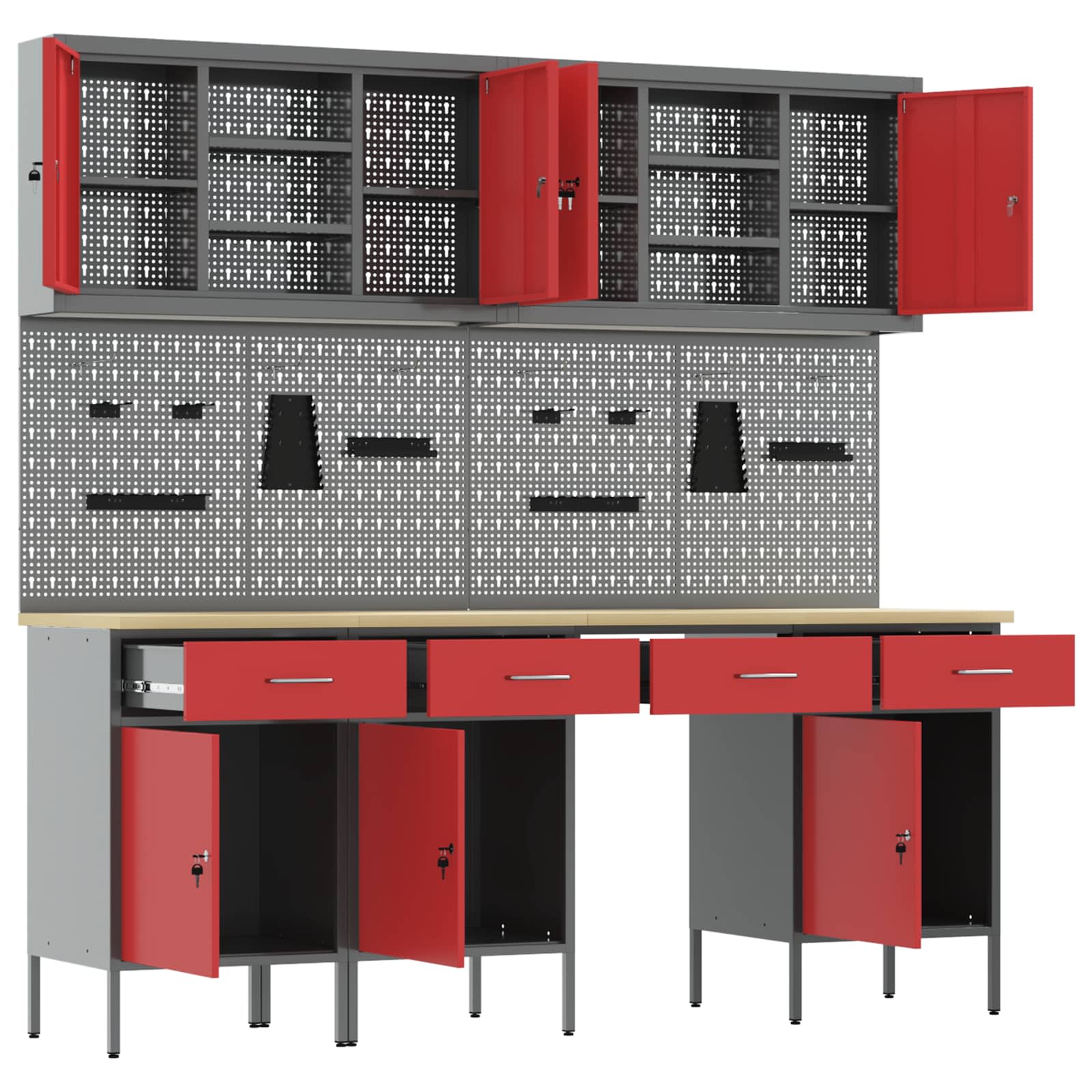 Work Cabinet with Drawer 10 pcs Red Engineered wood and steel