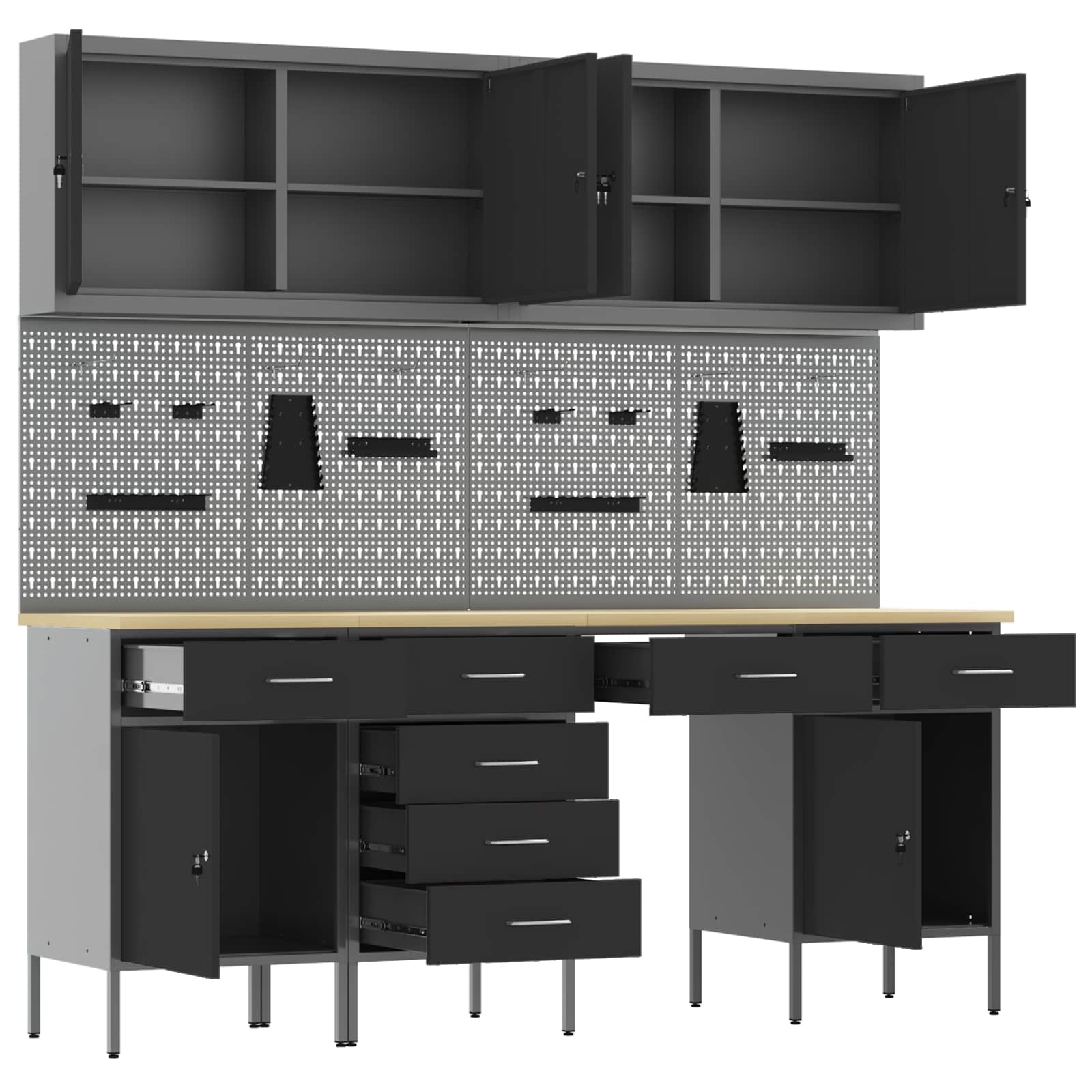 Work Cabinet with Drawer 10 pcs Black Engineered wood and steel