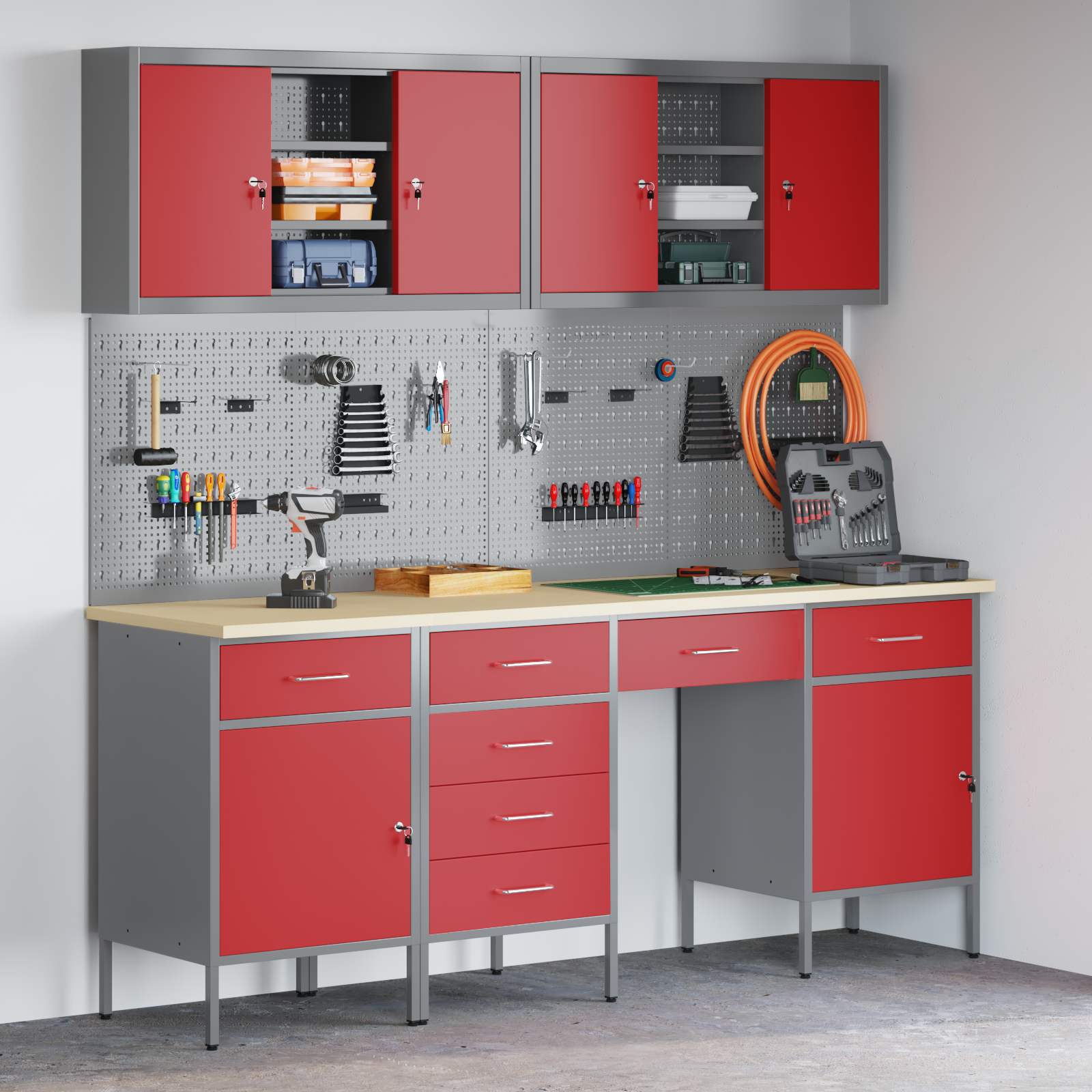 Work Cabinet with Drawer 10 pcs Red Engineered wood and steel