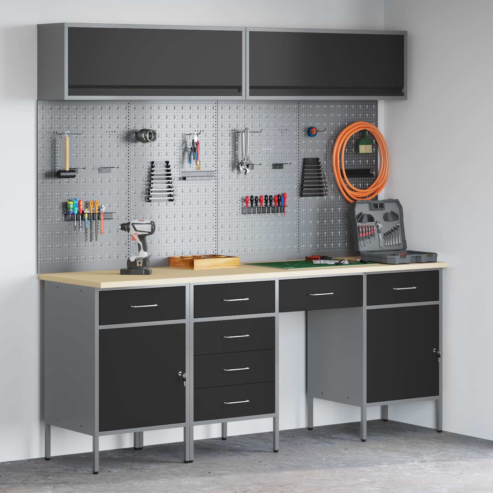 Work Cabinet Set with Drawer with Storage Manual 10 pcs Black