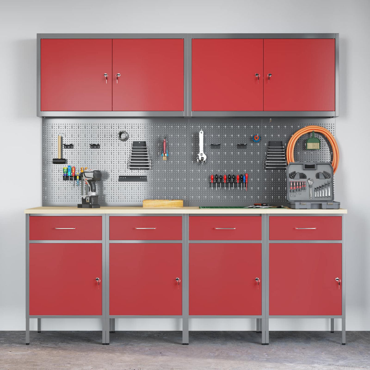 Work Cabinet with Drawer 10 pcs Red Engineered wood and steel