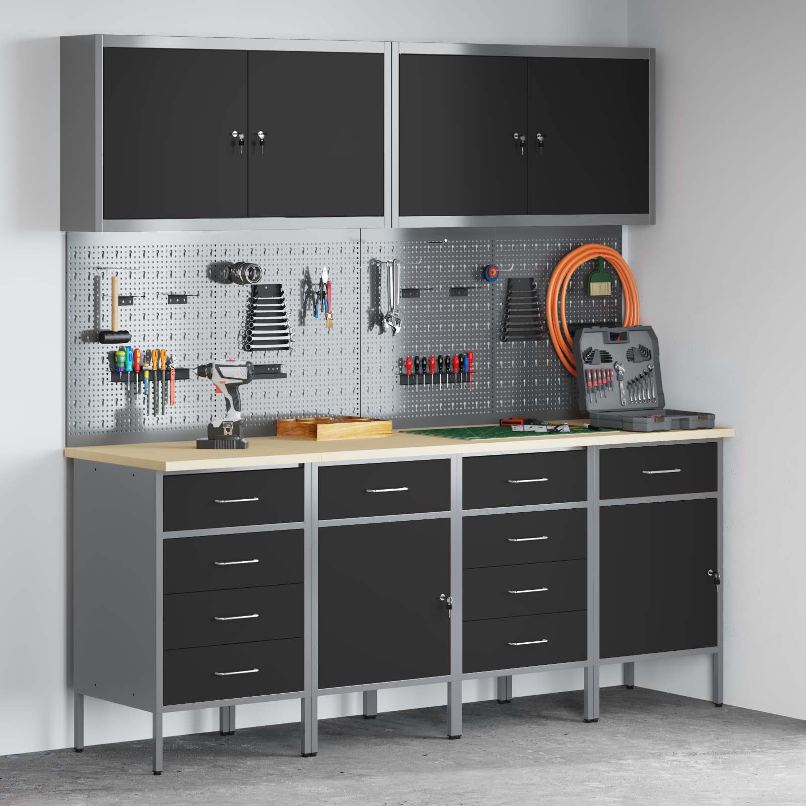 Work Cabinet with Drawer 10 pcs Black Engineered wood and steel
