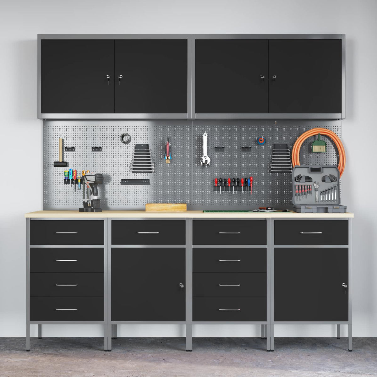 Work Cabinet with Drawer 10 pcs Black Engineered wood and steel