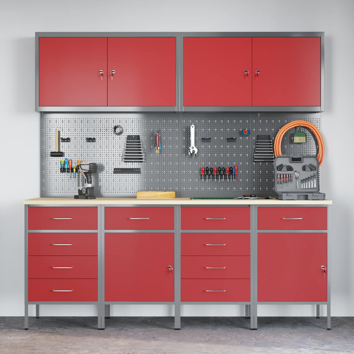 Work Cabinet with Drawer 10 pcs Red Engineered wood and steel