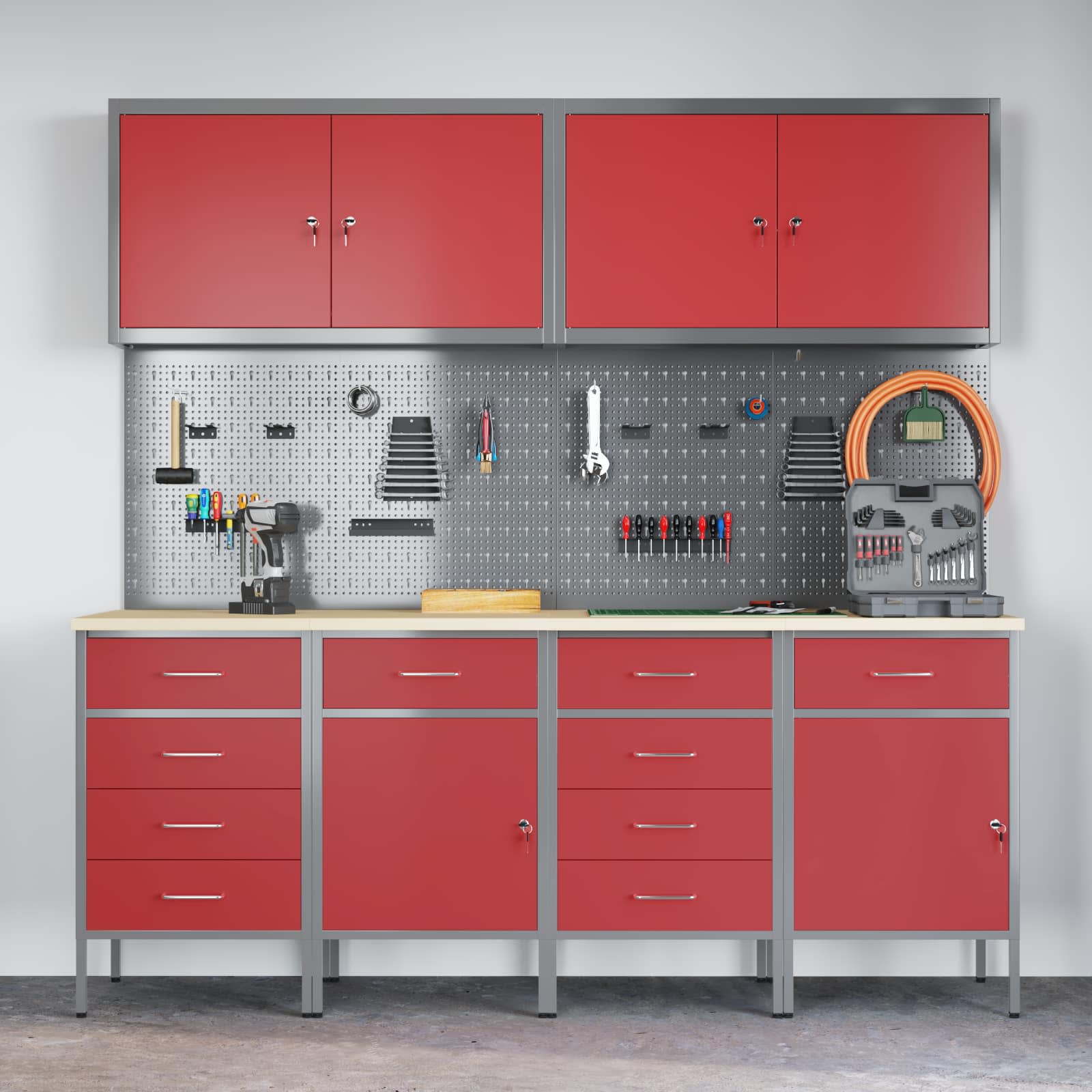 Work Cabinet with Drawer 10 pcs Red Engineered wood and steel