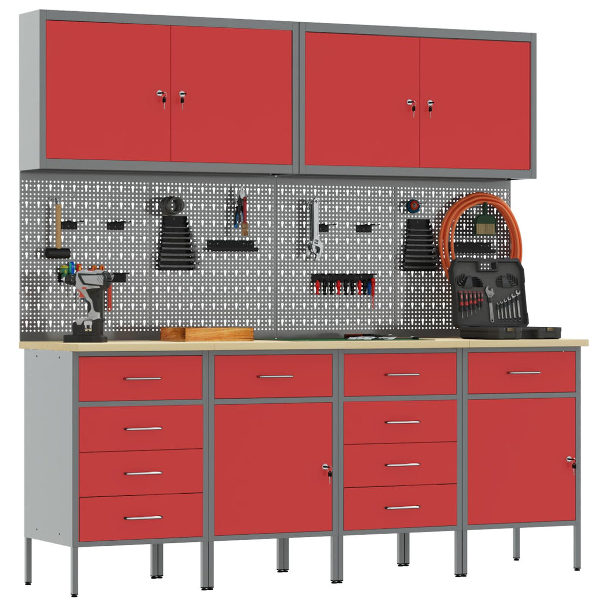 Work Cabinet with Drawer 10 pcs Red Engineered wood and steel
