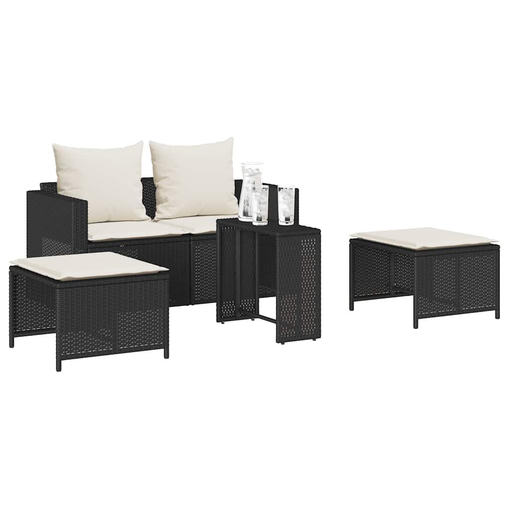 5 Piece Garden Sofa Set with Cushions Stackable Black Poly Rattan