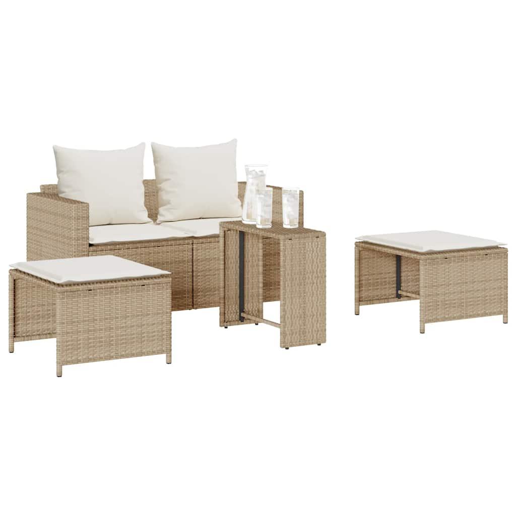 5 Piece Garden Sofa Set with Cushions Stackable Beige Poly Rattan