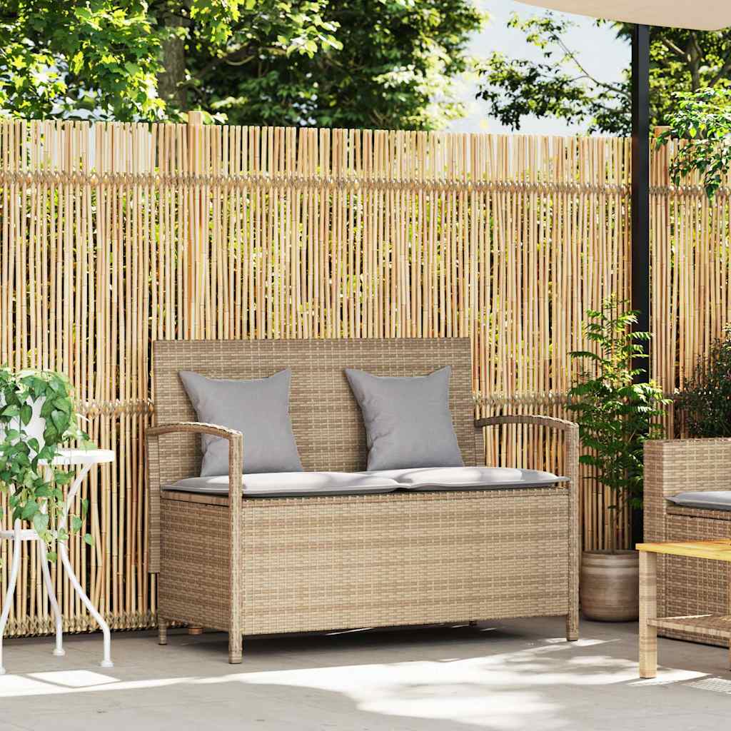 Garden Storage Bench with Cushion Beige Poly Rattan