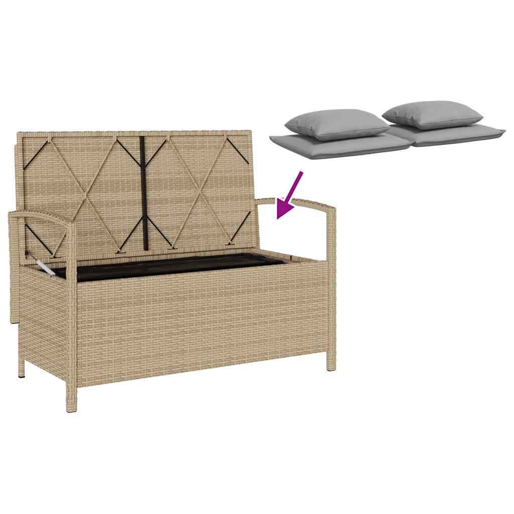 Garden Storage Bench with Cushion Beige Poly Rattan