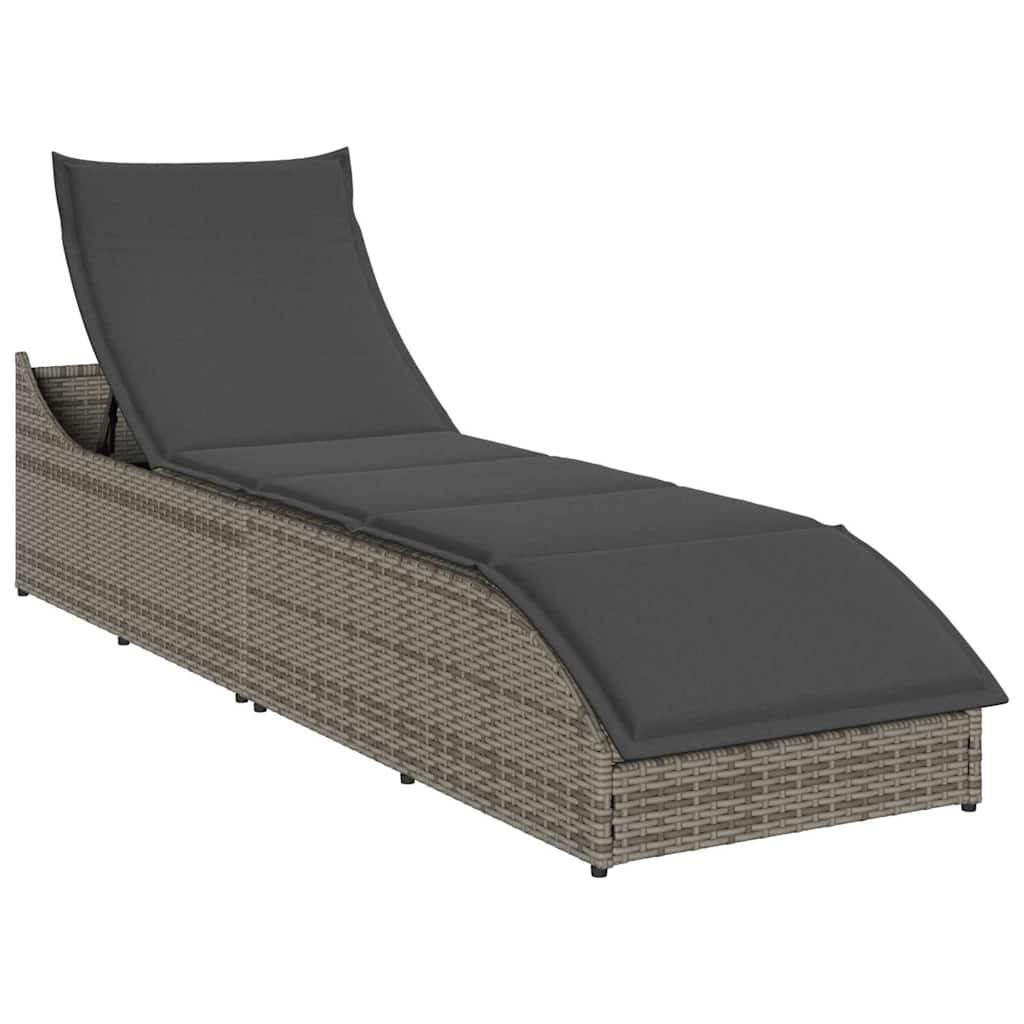Folding Sun Lounger with Cushion and Storage Grey Poly Rattan
