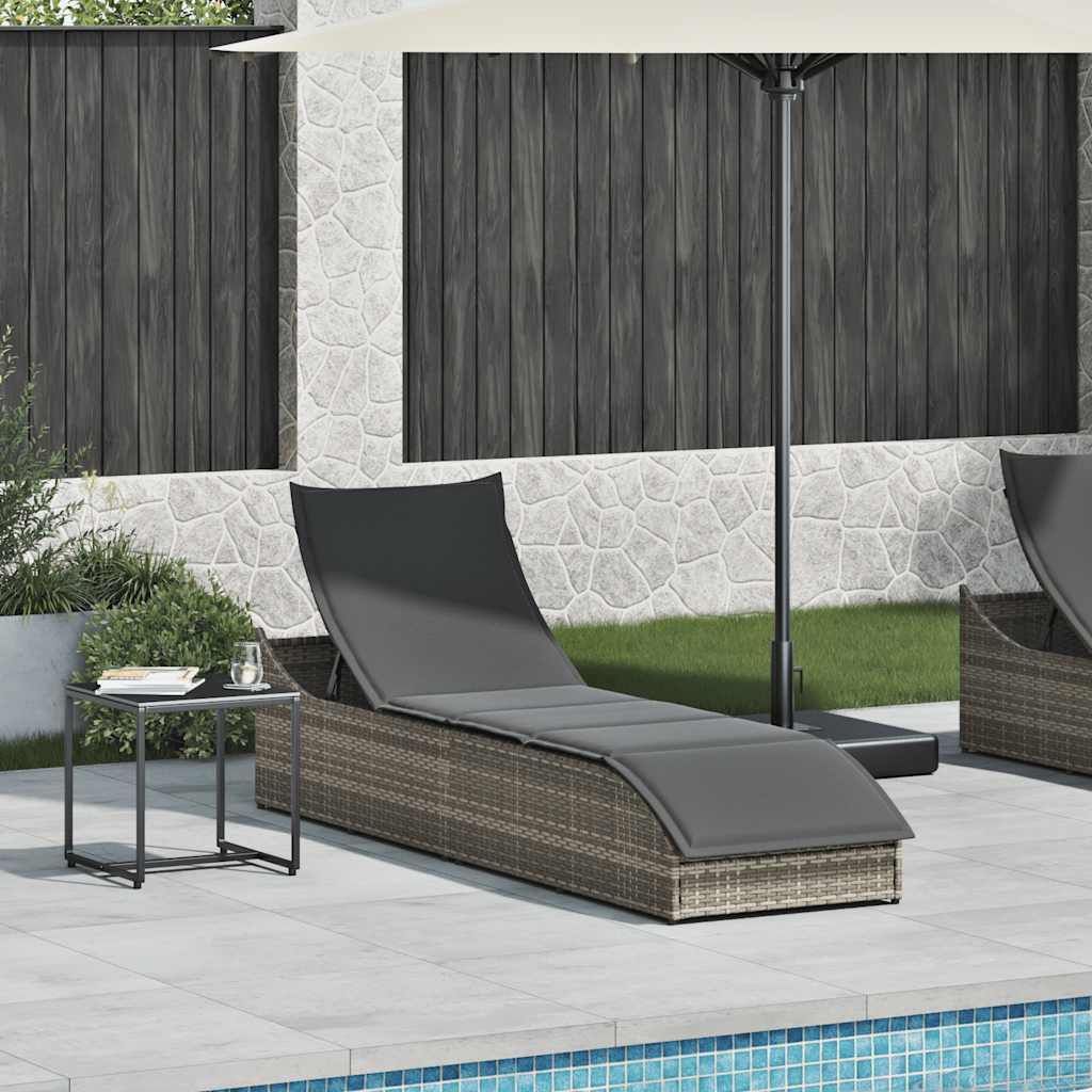 Folding Sun Lounger with Cushion and Storage Grey Poly Rattan