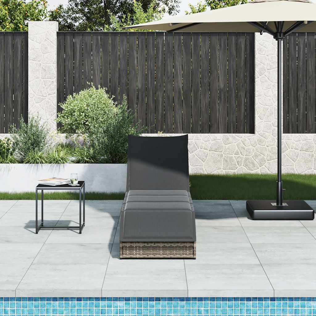 Folding Sun Lounger with Cushion and Storage Grey Poly Rattan
