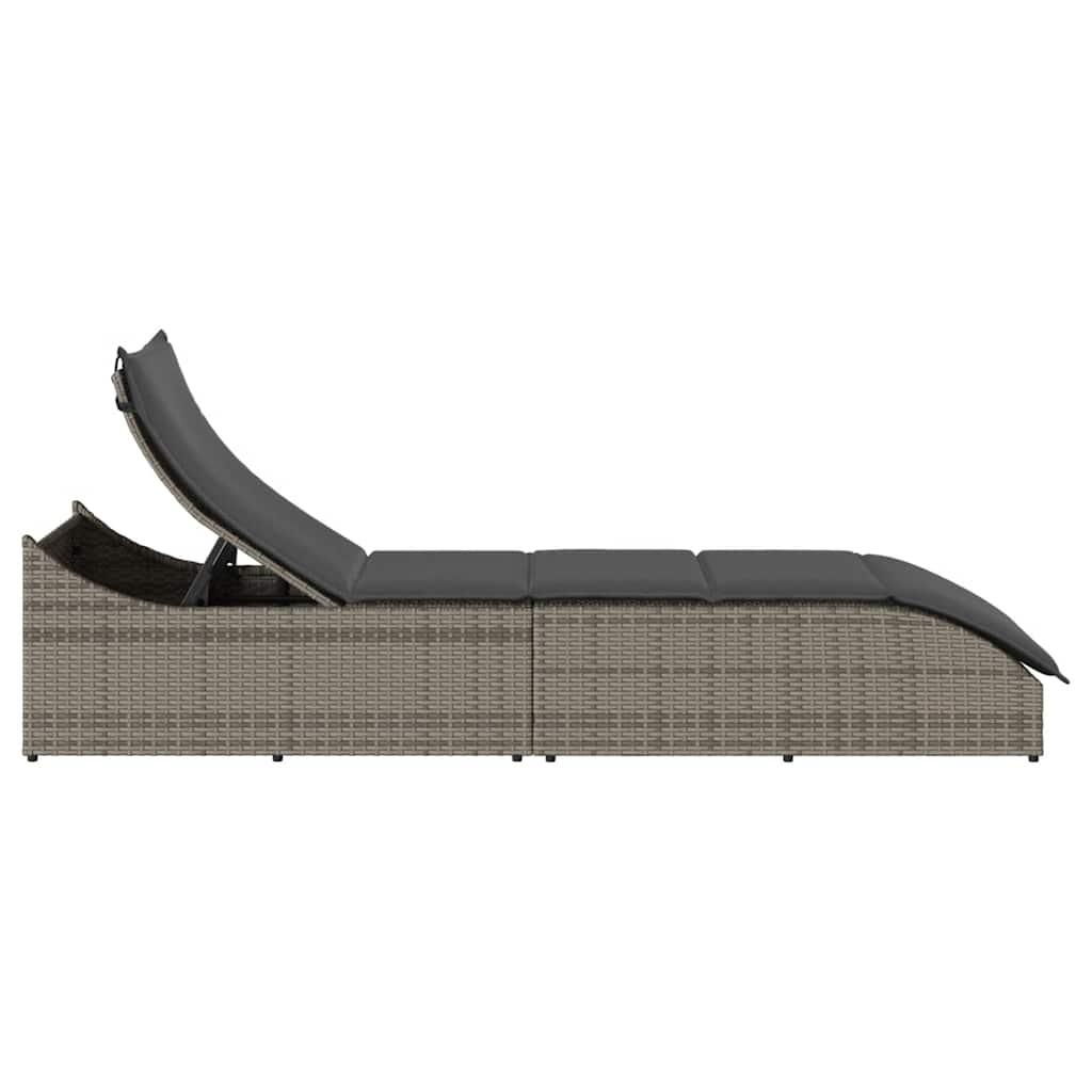 Folding Sun Lounger with Cushion and Storage Grey Poly Rattan