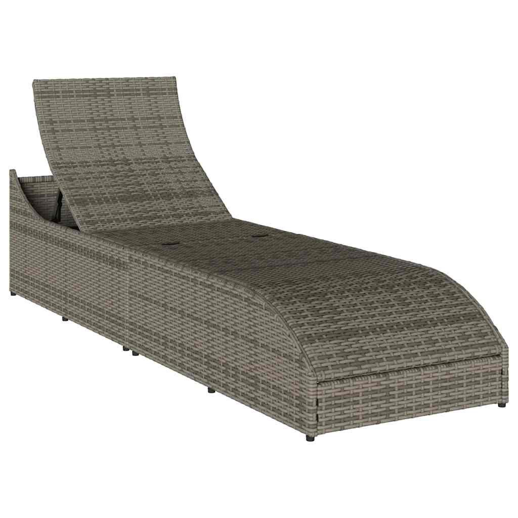 Folding Sun Lounger with Cushion and Storage Grey Poly Rattan