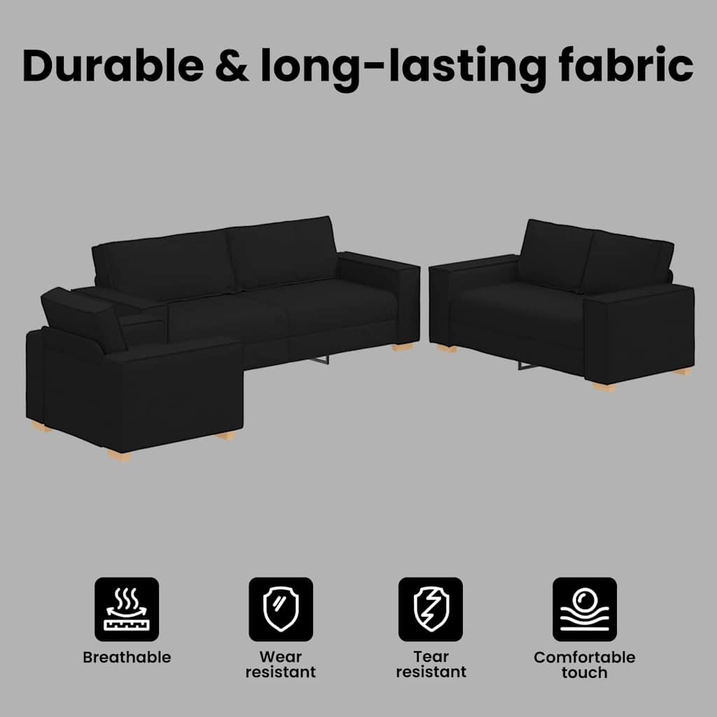 Sofa 3 pcs Black 220 x 80 x 84 cm Linen-blend fabric