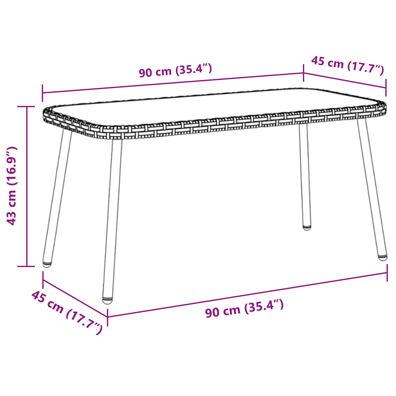 Coffee Table Black 90 x 45 x 43 cm Poly Rattan and glass