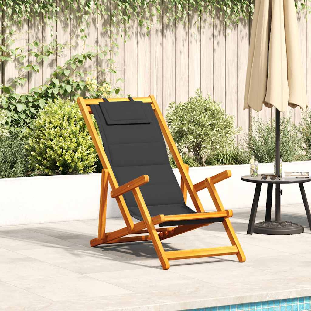 Folding Beach Chair with Armrests Black Acacia Wood &amp; Textilene