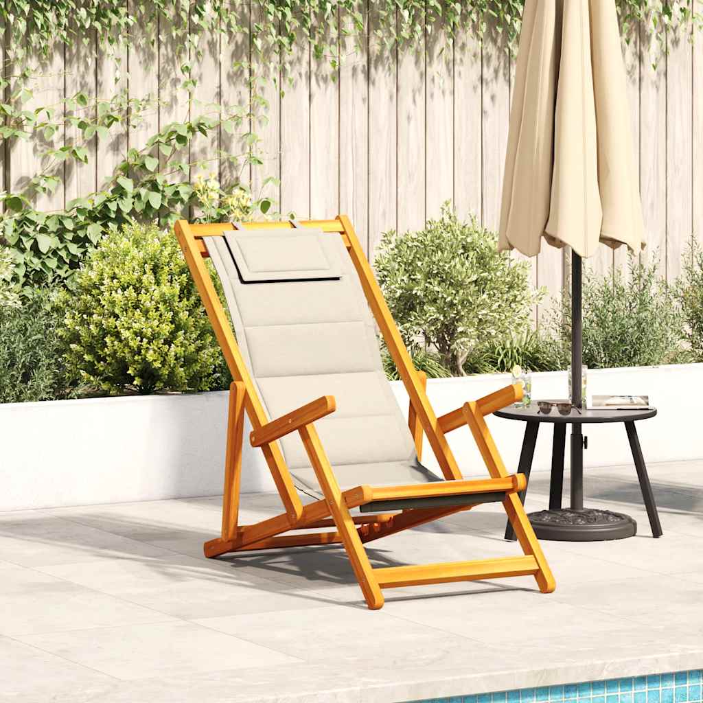 Folding Beach Chair with Armrests Cream Acacia Wood &amp; Textilene