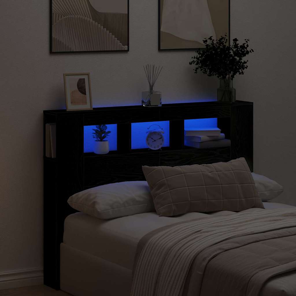 LED Headboard Black Oak 140 x 18,5 x 103,5 cm Engineered Wood