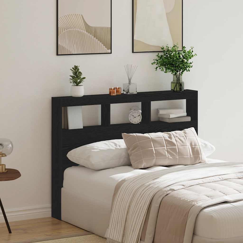 Headboard Cabinet with LED Black Oak 140x17x102 cm