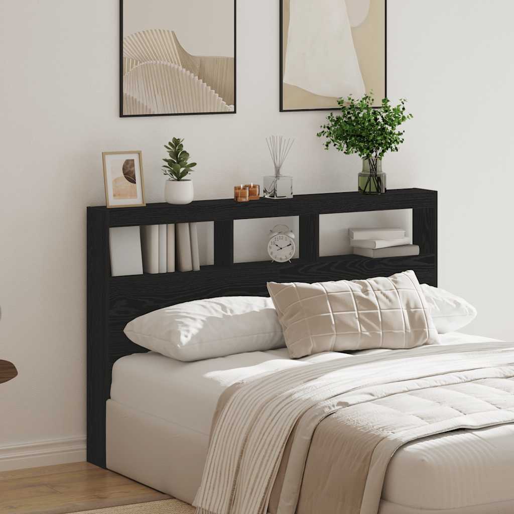 Headboard Cabinet with LED Black Oak 160x17x102 cm