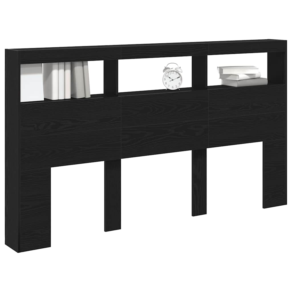 Headboard Cabinet with LED Black Oak 180x17x102 cm