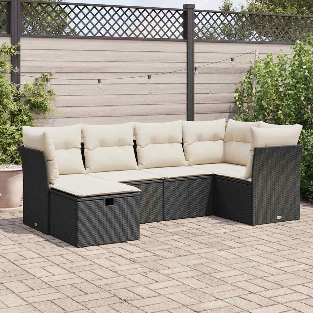 6 Piece Garden Sofa Set with Cushions Black Poly Rattan