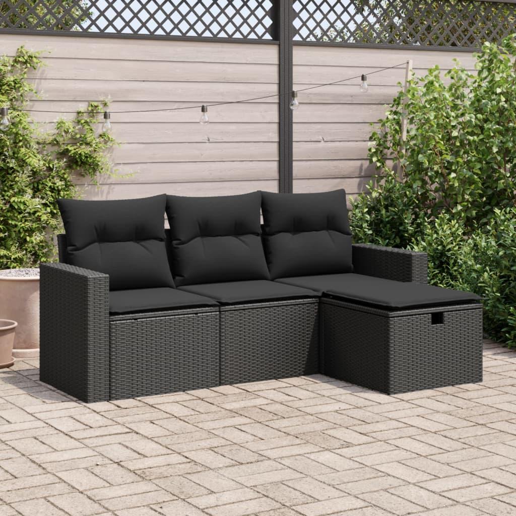 4 Piece Garden Sofa Set with Cushions Black Poly Rattan