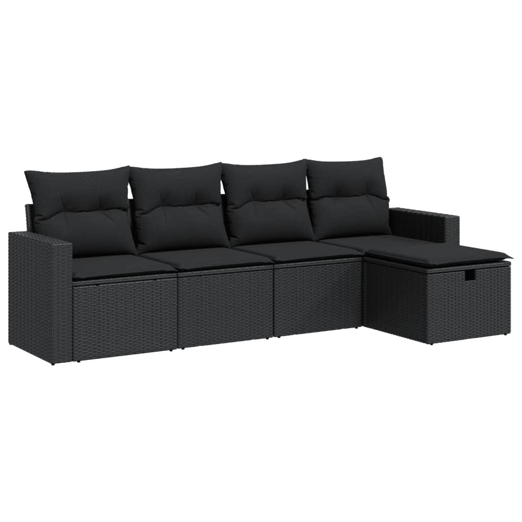 5 Piece Garden Sofa Set with Cushions Black Poly Rattan