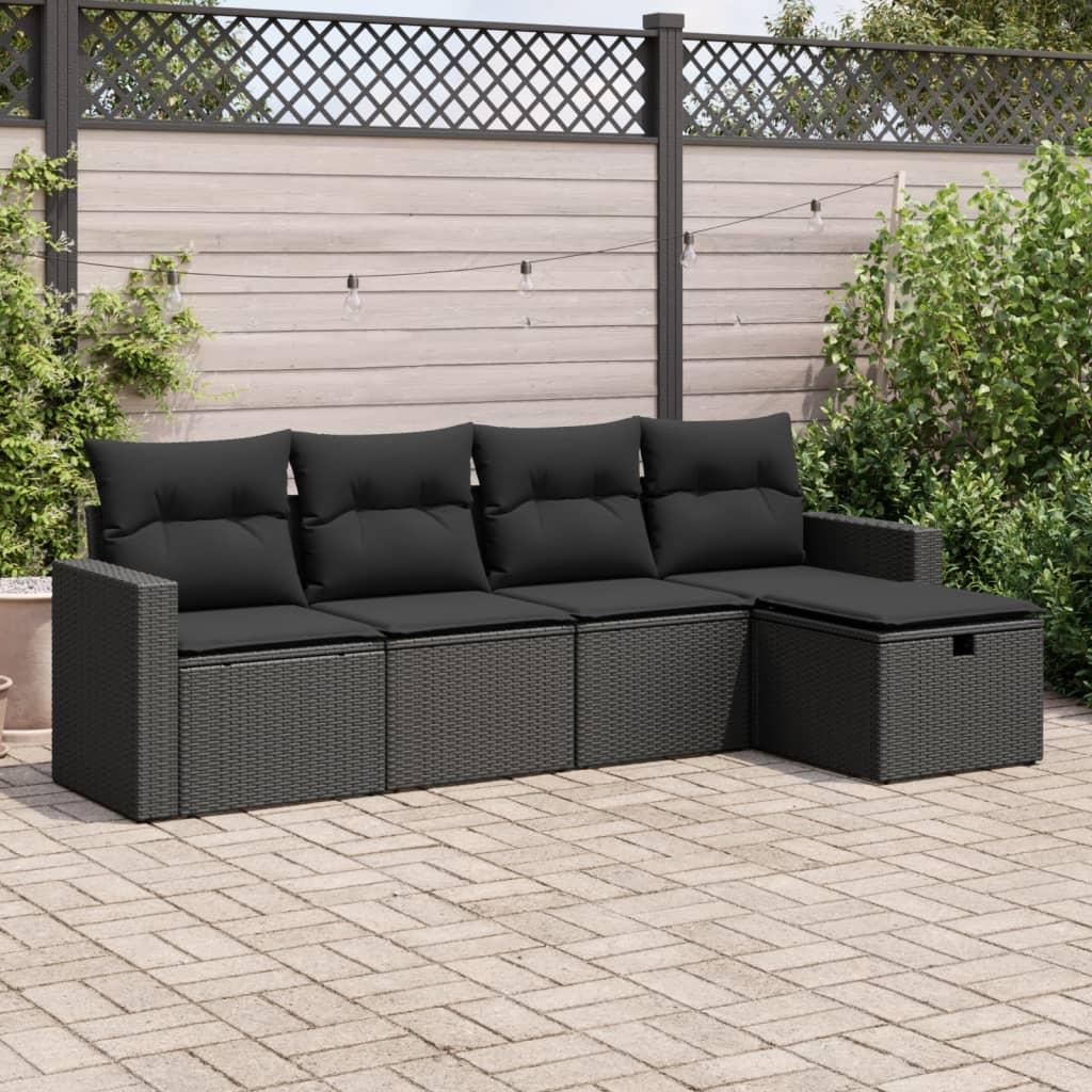 5 Piece Garden Sofa Set with Cushions Black Poly Rattan