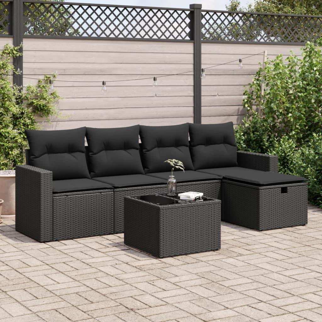 6 Piece Garden Sofa Set with Cushions Black Poly Rattan