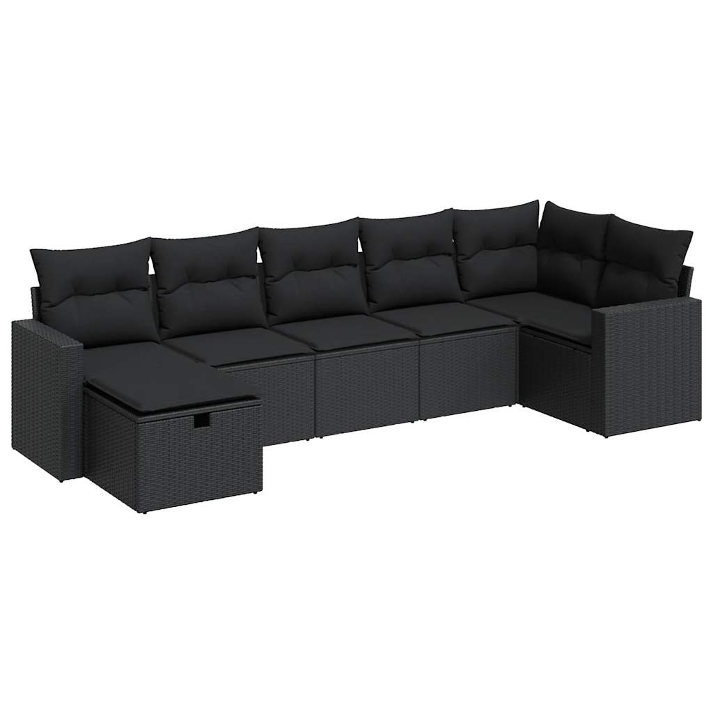 7 Piece Garden Sofa Set with Cushions Black Poly Rattan