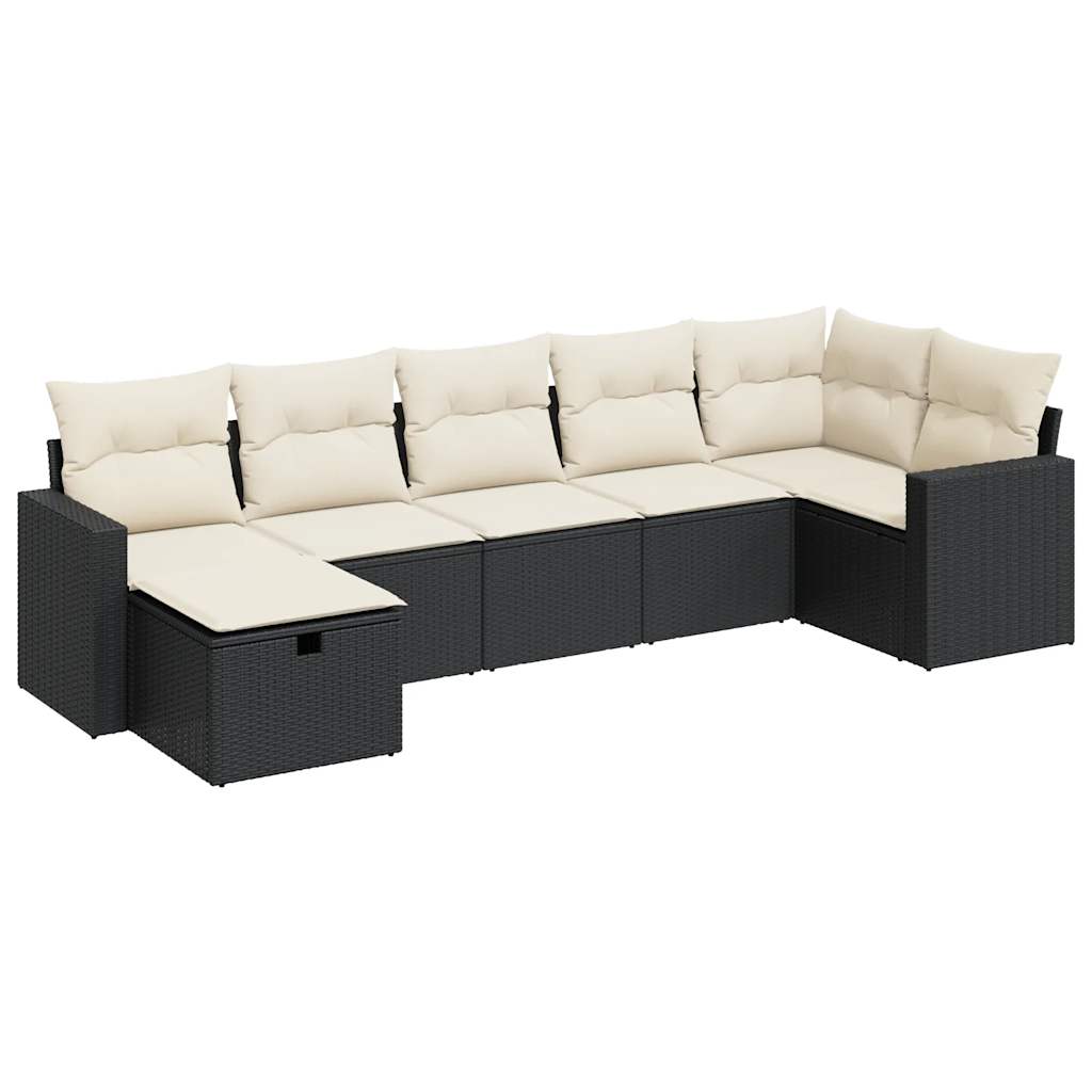 7 Piece Garden Sofa Set with Cushions Black Poly Rattan