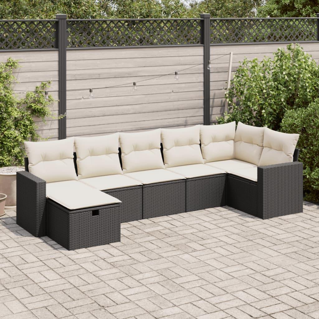 7 Piece Garden Sofa Set with Cushions Black Poly Rattan
