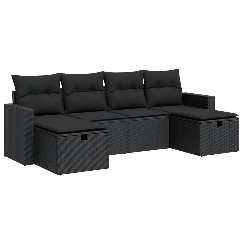 6 Piece Garden Sofa Set with Cushions Black Poly Rattan