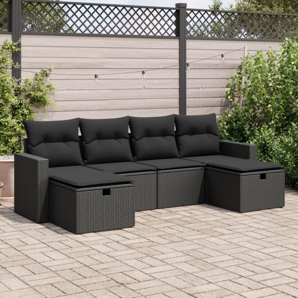 6 Piece Garden Sofa Set with Cushions Black Poly Rattan