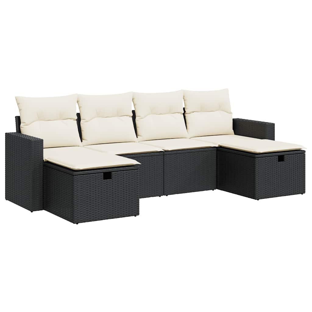 6 Piece Garden Sofa Set with Cushions Black Poly Rattan