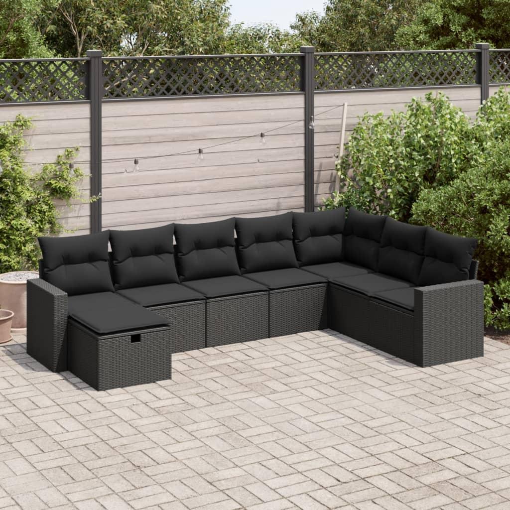 8 Piece Garden Sofa Set with Cushions Black Poly Rattan