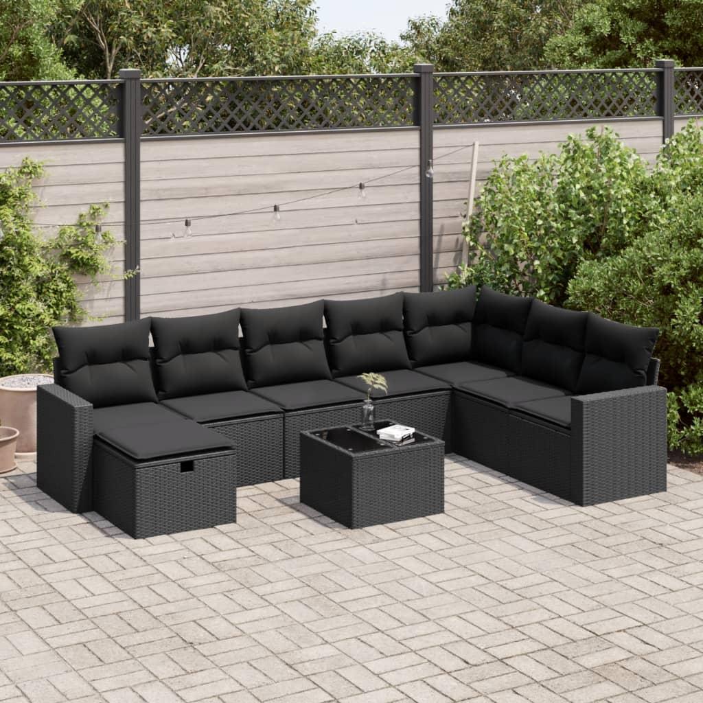 9 Piece Garden Sofa Set with Cushions Black Poly Rattan