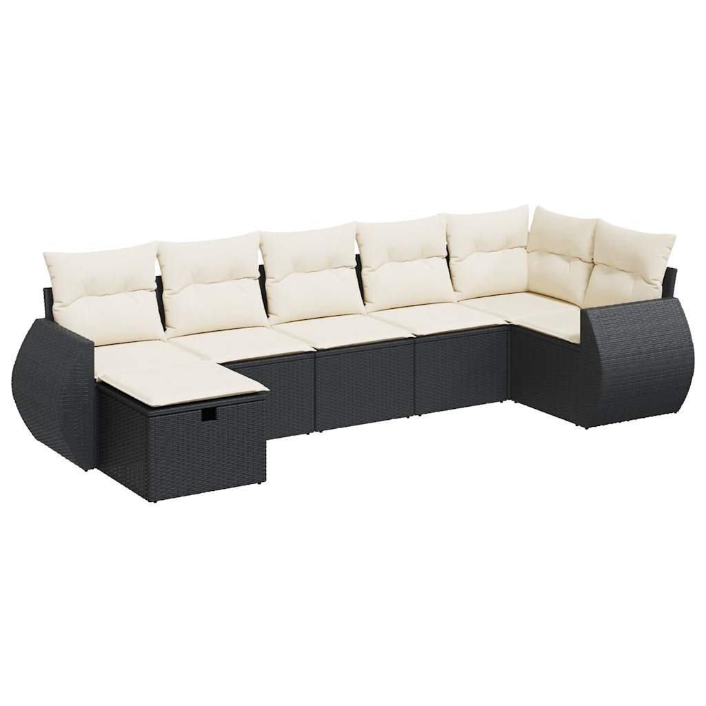7 Piece Garden Sofa Set with Cushions Black Poly Rattan