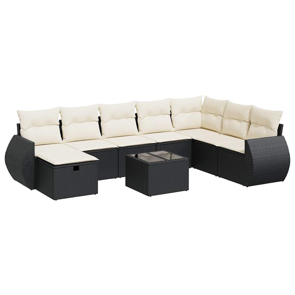 9 Piece Garden Sofa Set with Cushions Black Poly Rattan