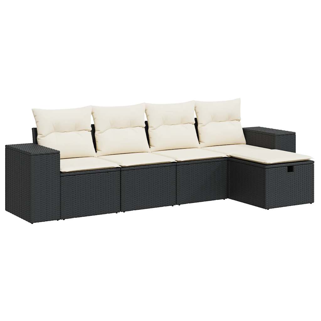 5 Piece Garden Sofa Set with Cushions Black Poly Rattan