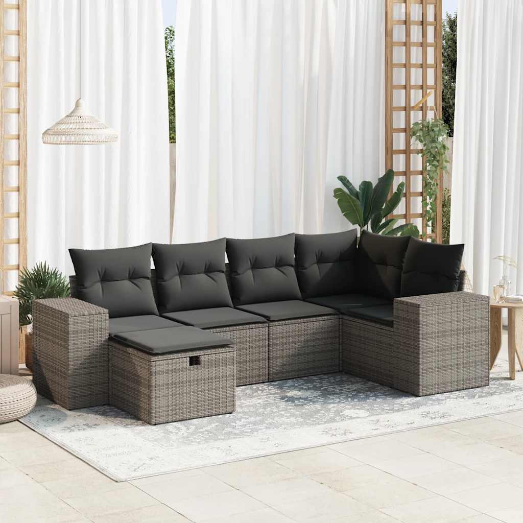 6 Piece Garden Sofa Set with Cushions Grey Poly Rattan