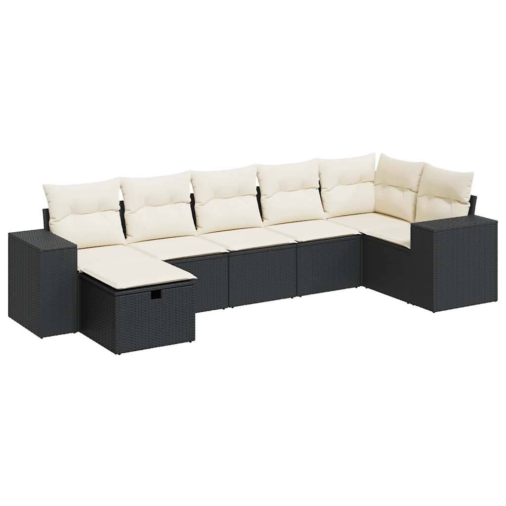7 Piece Garden Sofa Set with Cushions Black Poly Rattan