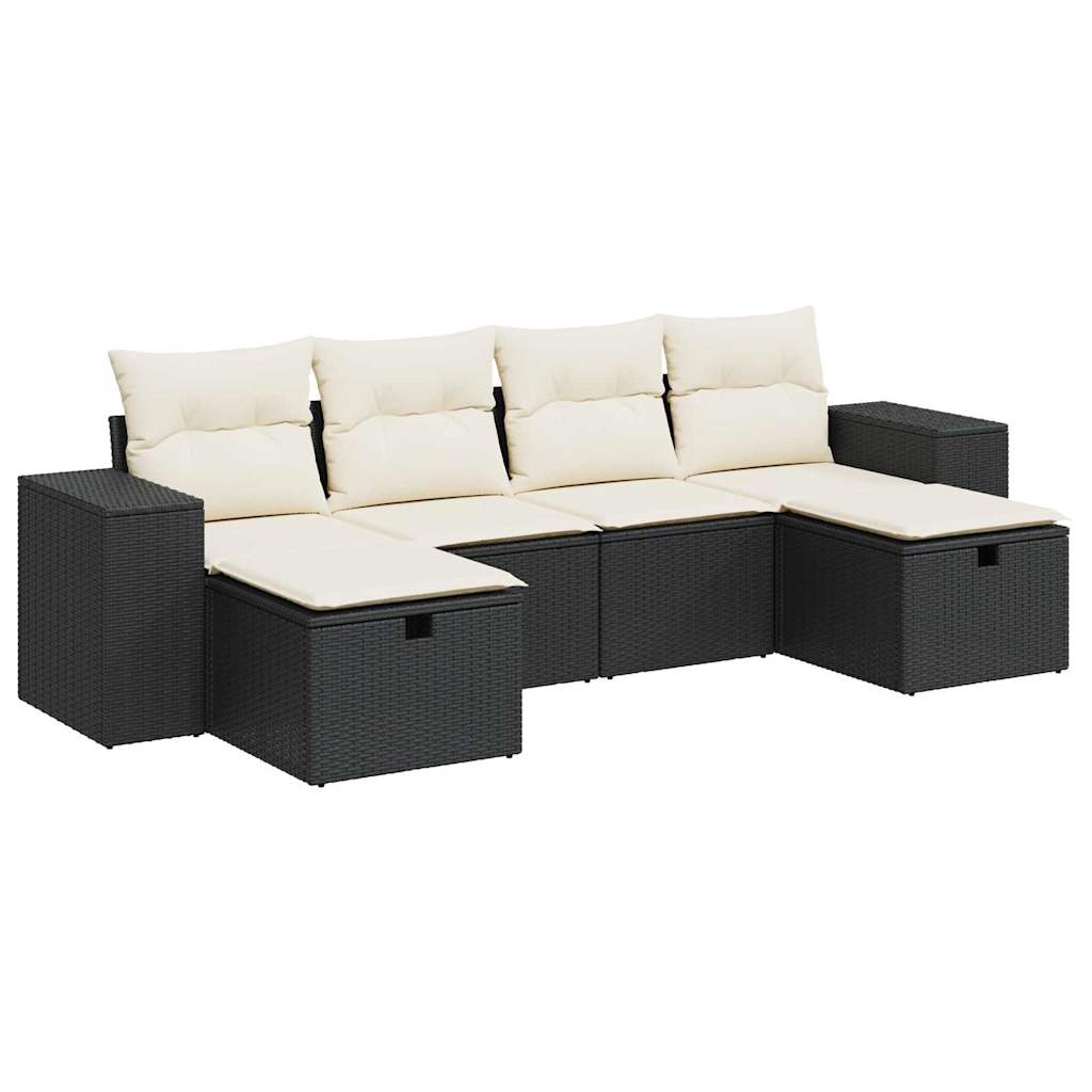 6 Piece Garden Sofa Set with Cushions Black Poly Rattan